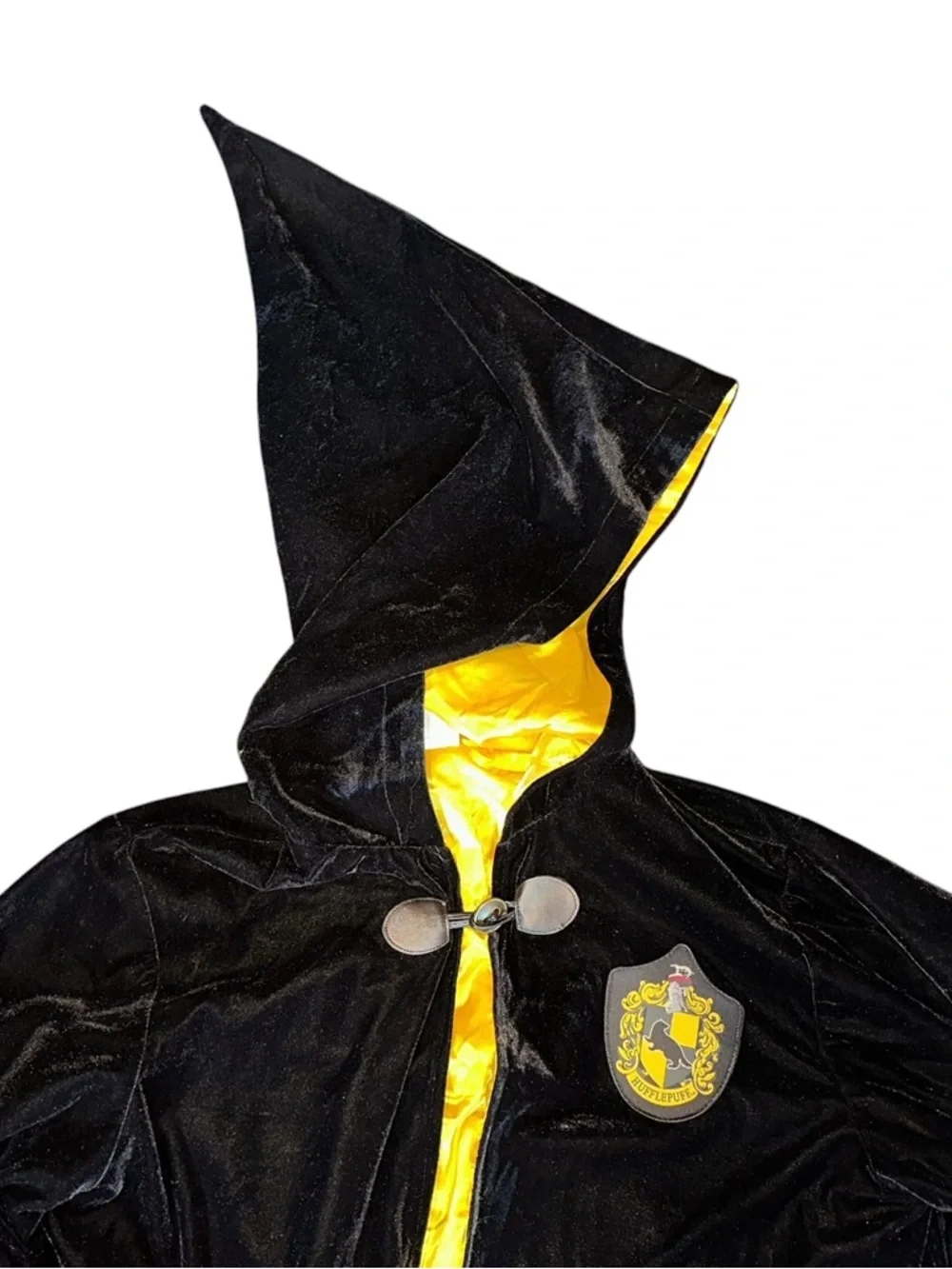 Harry Potter Hufflepuff Cloak Hooded Black Velour House Robe Adult One Size - Picture 2 of 9